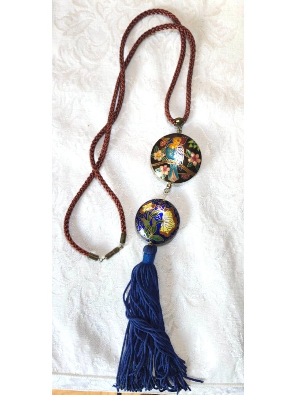 Vintage Cloisonné Double Pendant Necklace With Parrot & Floral Motif  Royal Blue - Picture 9 of 9